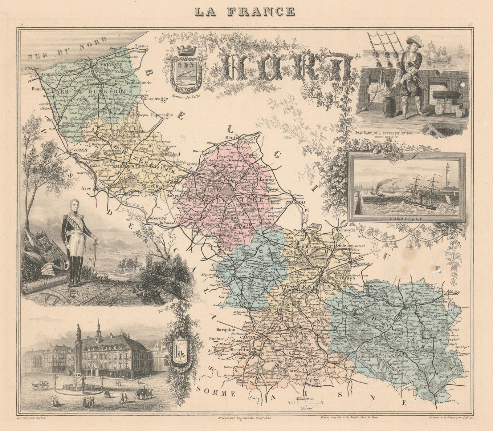 Nord département. Lille Dunkerque vignette. Vuillemin 1890 old antique map